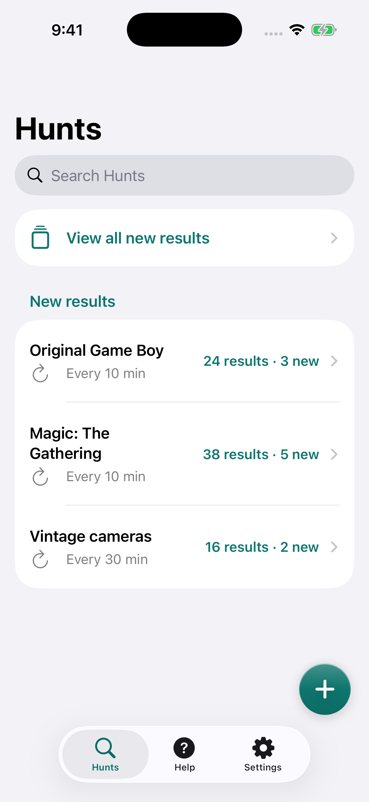 Harpy’s Hunts screen with new-result counts for Game Boy, Magic: The Gathering and camera searches