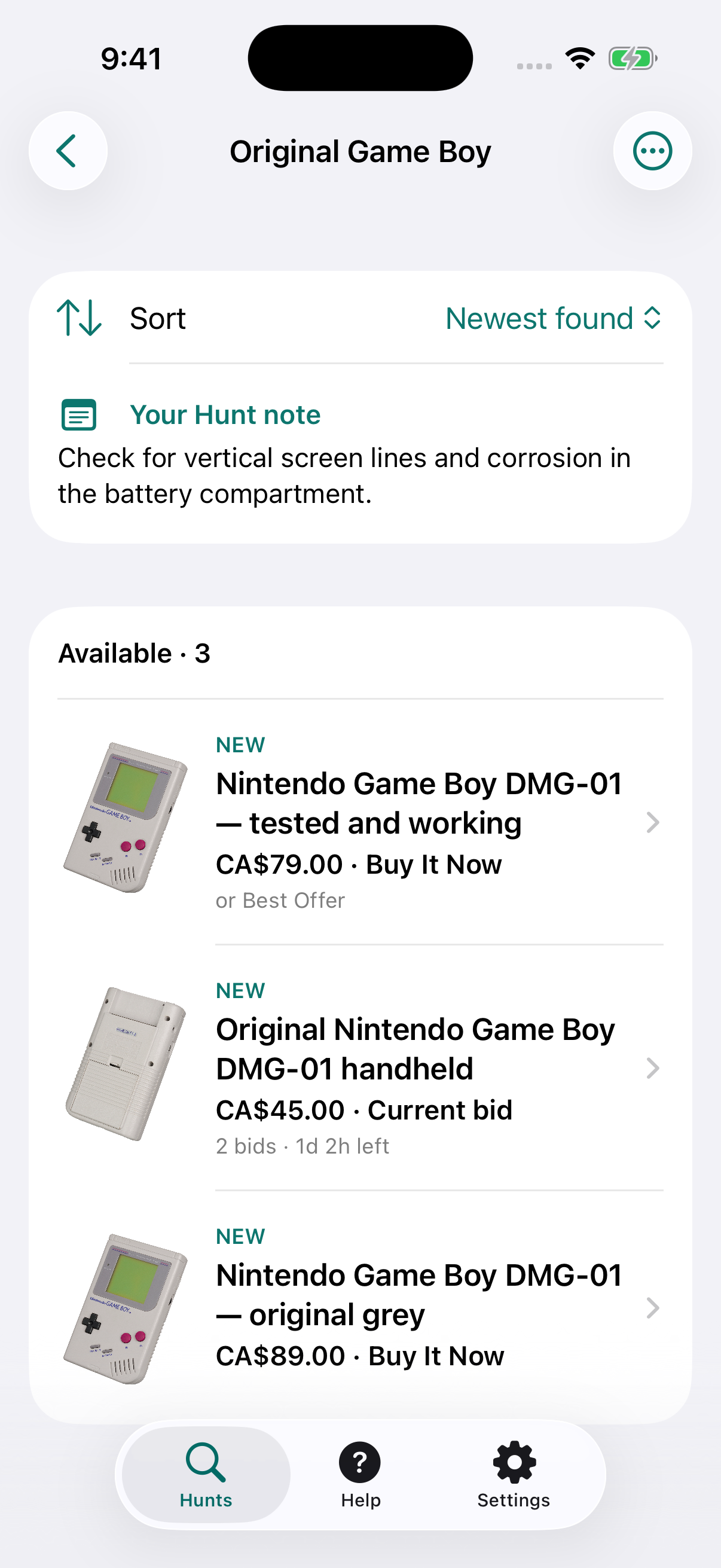 Harpy results for an Original Game Boy Hunt, showing sample listings with photos, prices and auction timing