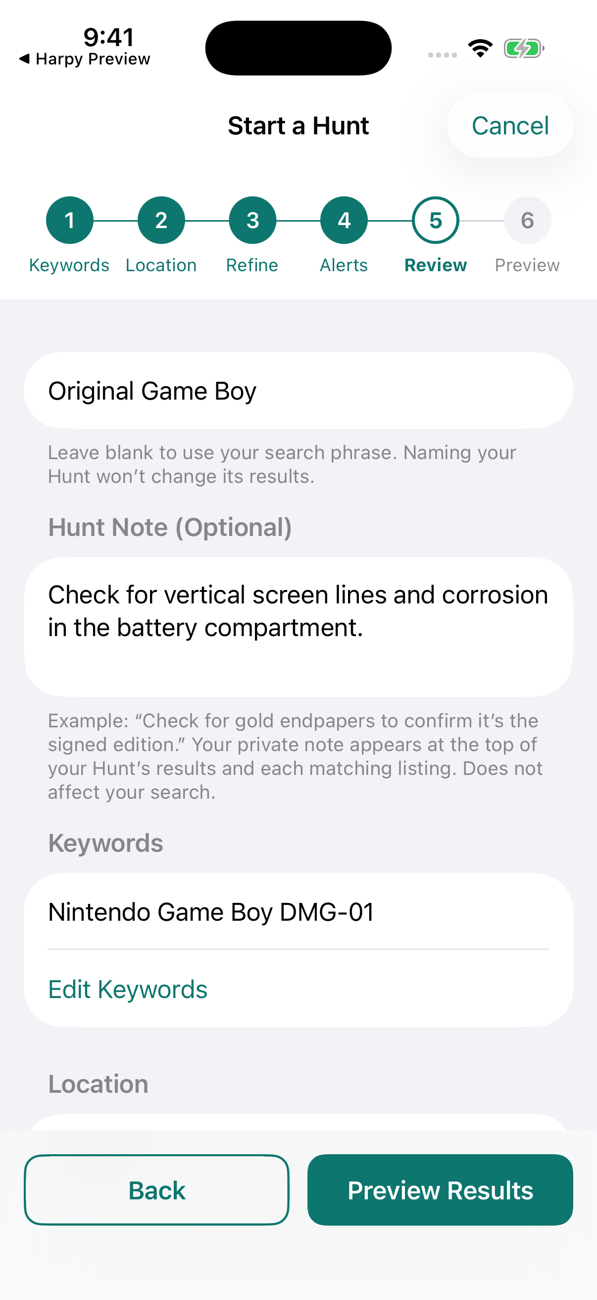 Harpy Hunt review for an Original Game Boy, including keywords and a note about condition